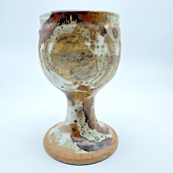Studio Art Pottery Goblet Chalice Cup Textured Glazed Brown Gray Stoneware #3 - Picture 2 of 9